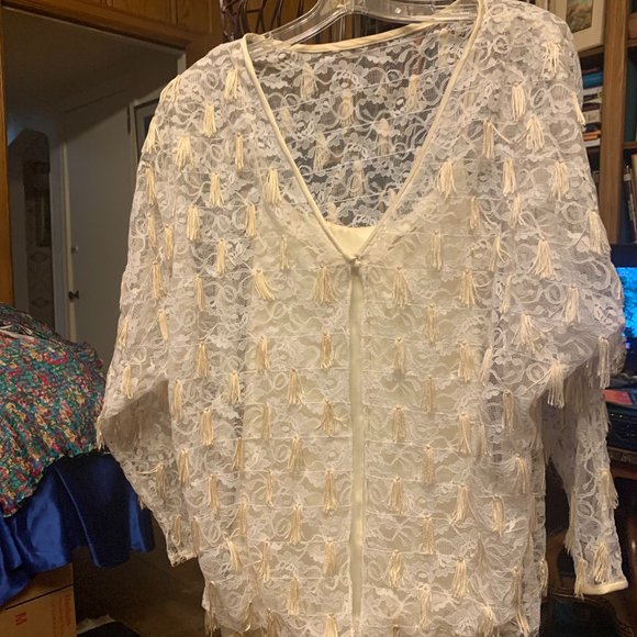 Creme Satin/Lace Fringe Dress - Picture 2 of 7